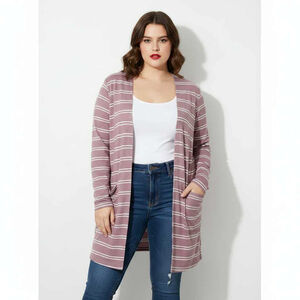 LuLaRoe Light Pink Mauve White Stripe Caroline Longline Cardigan Pockets XL